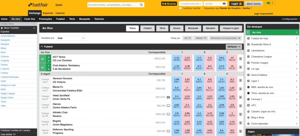 Interface da Betfair Exchange mostrando o mercado de probabilidade em uma bolsa esportiva