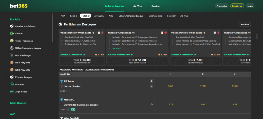 Print de tela de uma casa de apostas tradicional mostrando odds de futebol