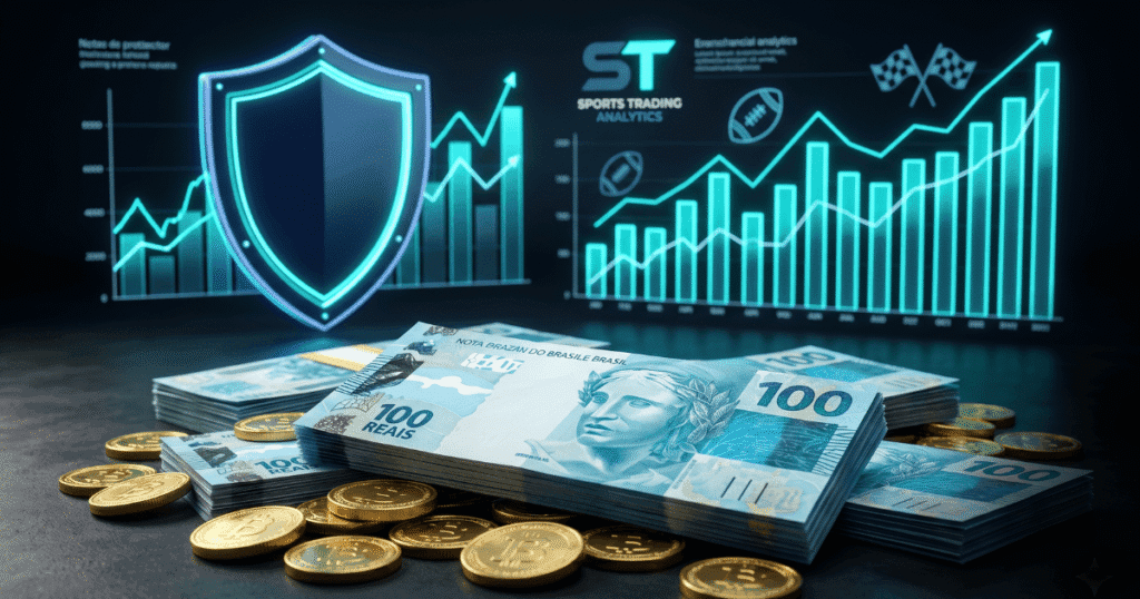 Pilhas de notas de cem reais e moedas douradas com escudo digital azul ao fundo, representando a gestão de banca no trade esportivo.