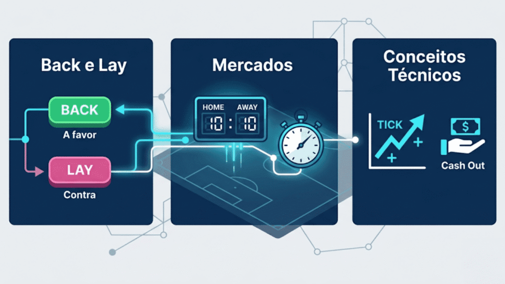 Infográfico com termos de trading esportivo como Back, Lay e Liquidez