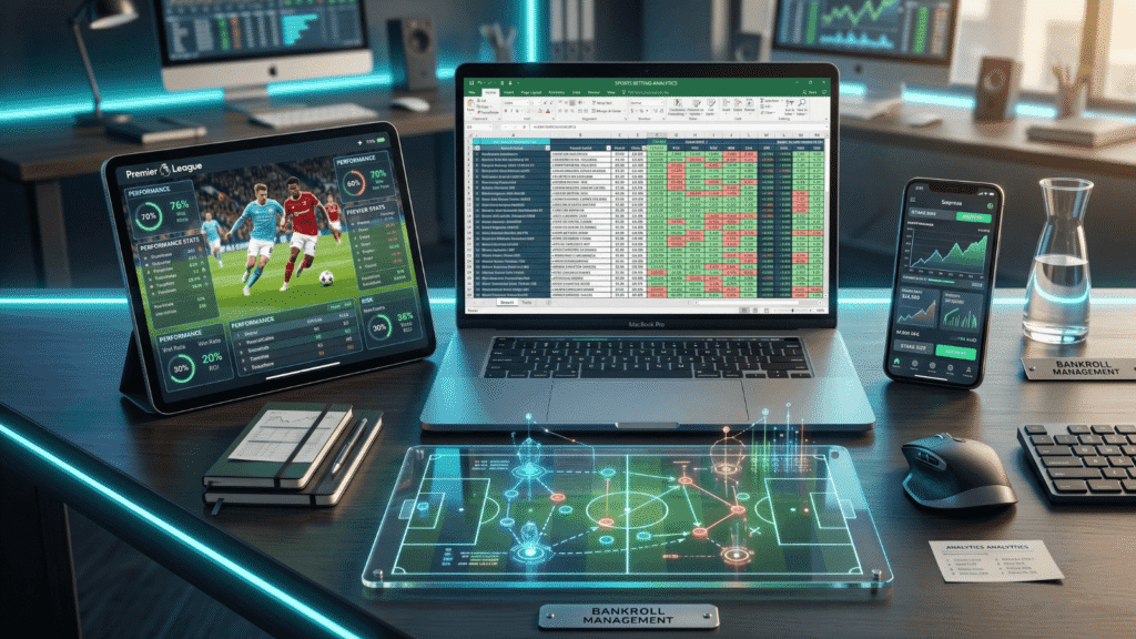 Notebook com planilha de Excel para controle de banca e dados de apostas esportivas em uma mesa de trabalho profissional.