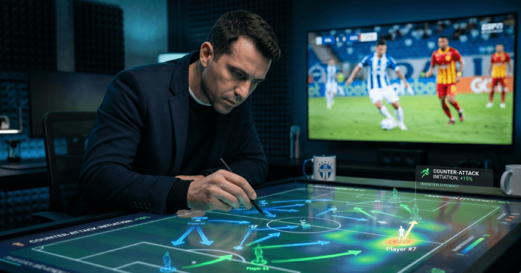 Analista profissional de trade esportivo debruçado sobre uma mesa digital tática, analisando mapas de calor e transições de jogo em tempo real para identificar valor no mercado.
