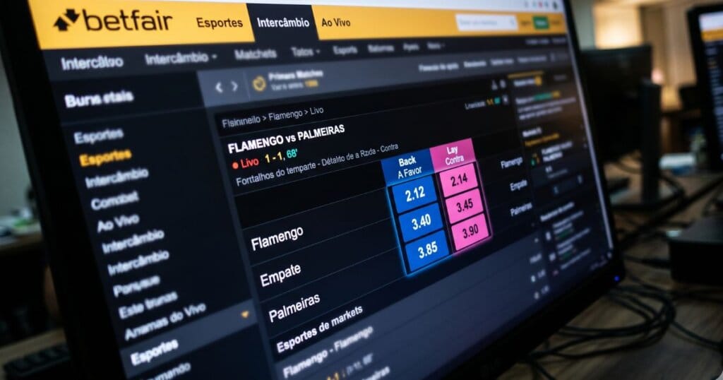 Tela simulando como funciona a Betfair Exchange com suas opções de back e lay