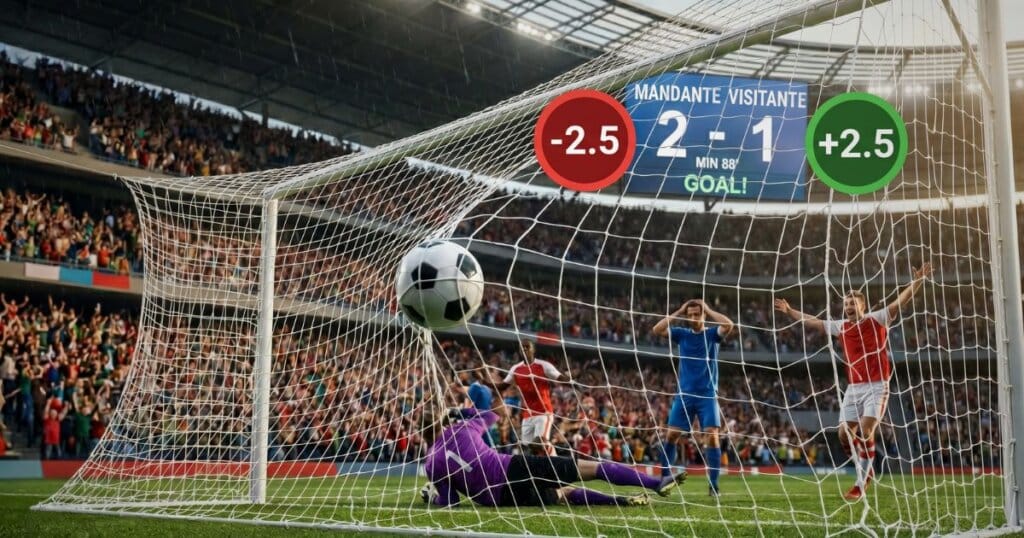 Jogo com placar 2x1 e o Mercado de gols Over e Under 2.5 gols com green e red