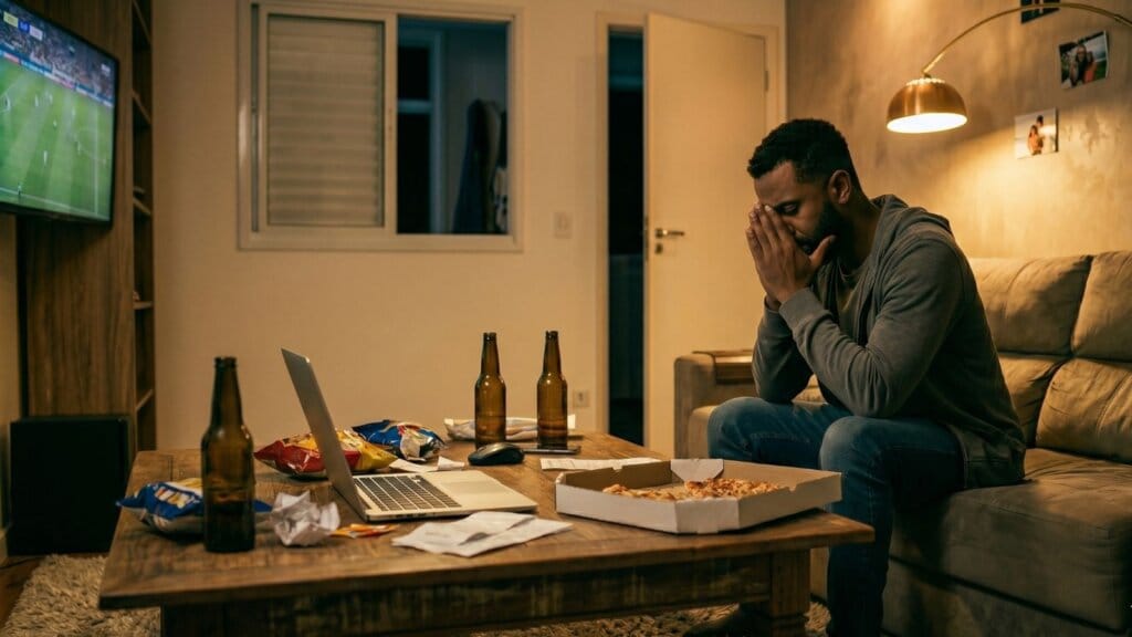 Homem na sala de casa abalado com perda nas apostas. Sem Inteligência Emocional nas apostas.