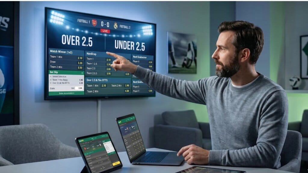 Mercado de gols Over e Under 2.5 gols abeta apostador analisando.