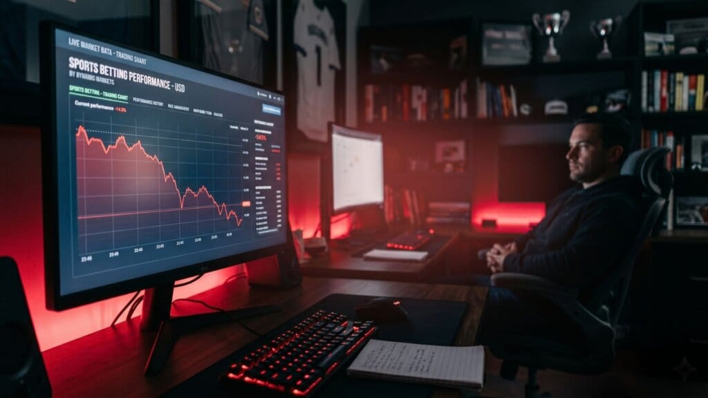 Trader esportivo pensativo com a sua bad run sequencia negativa nas apostas.