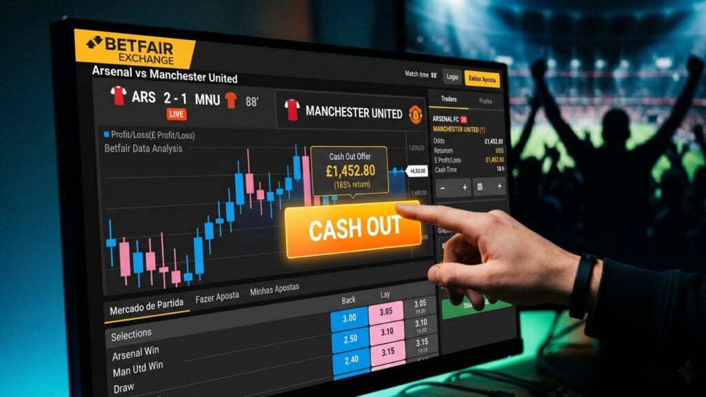 Botão de Cash Out na tela da Exchange para apostador clicar e sair do mercado.