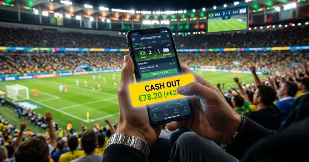 Apostador vendo o jogo na arquibancada e no celular o botão de Cash Out pulando na tela com lucro parcial da aposta.