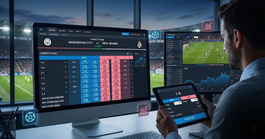Trader profissional operando no no mercado de correct score em 3 telas simultâneas.