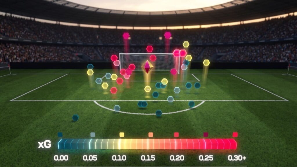 Campo de futebol com todas as chances criadas e números de gols esperados (xG) representados de forma digital