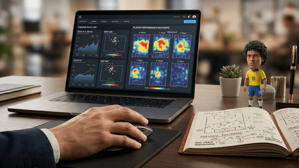 Close-up de um trader analisando métricas de xG e mapas de calor em um notebook, com foco em dados estatísticos e ferramentas de precisão para investimentos esportivos.