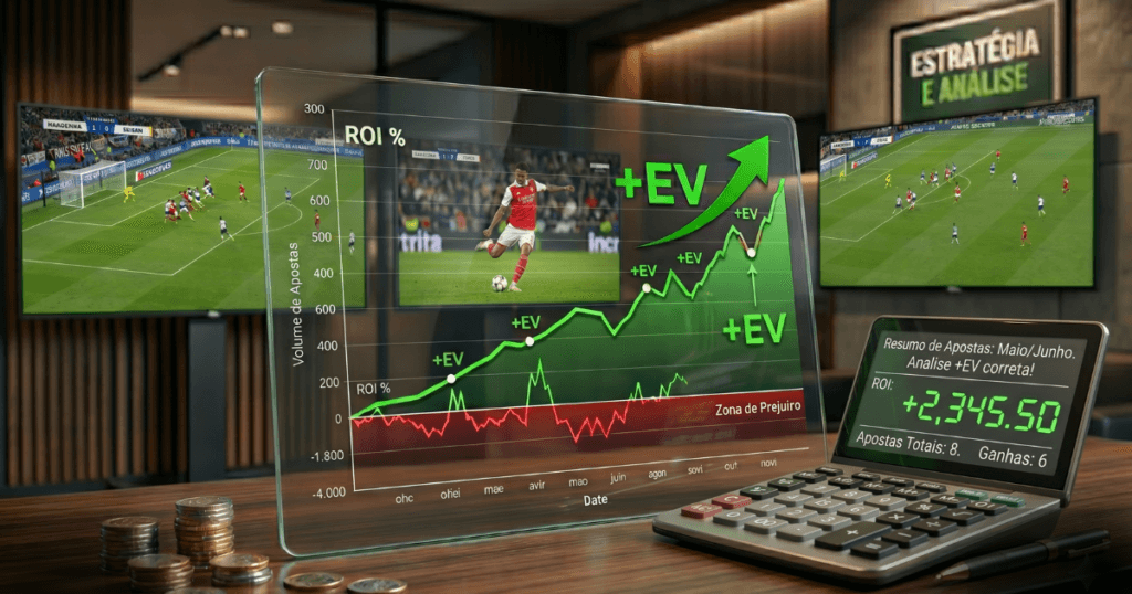 Visualização de dados de trade esportivo mostrando um gráfico de ROI positivo marcado com '+EV' (Valor Esperado Positivo), com telas de futebol ao vivo no fundo e uma calculadora de lucros na mesa. Imagem conceitual sobre análise estratégica de apostas esportivas.
