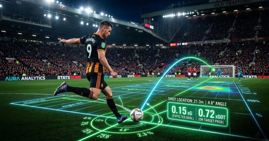 Jogador chutando em direção ao gol e números de gols esperados (xG) sendo gerados ao vivo