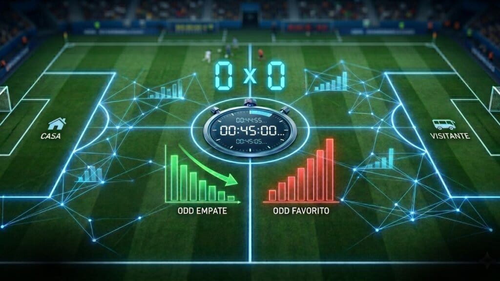 Painel tático com movimentação do mercado de match odds para um jogo empatado