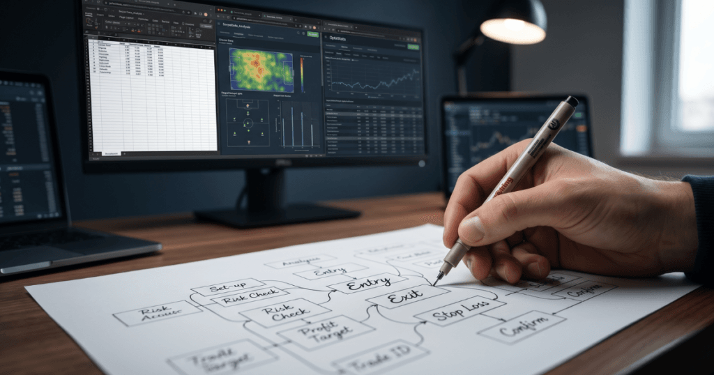 Close-up de uma mão desenhando diagramas de regras de entrada e saída (Stop Loss) com um computador ao fundo exibindo dados de futebol.