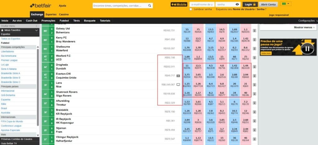 Print da tela da Betfair com odds reais e liquidez real.