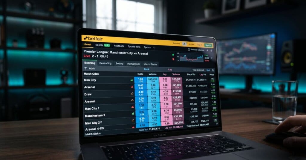 Tela da Betfair no notebook demonstrando o que é liquidez na exchange apostas.