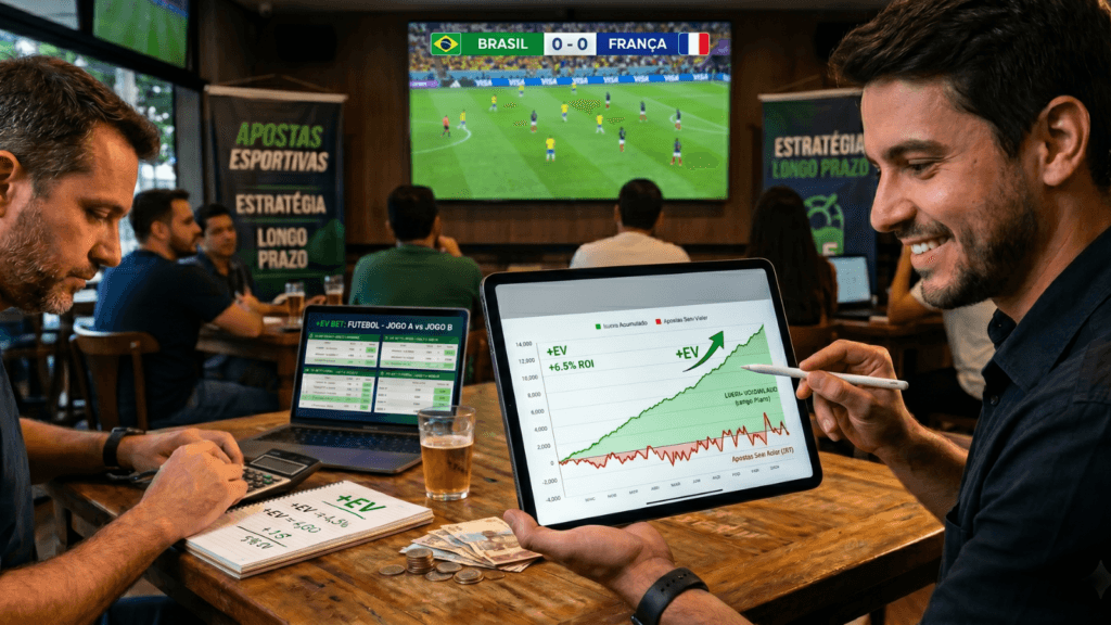 Investidores de trade esportivo analisando gráfico de Valor Esperado Positivo (+EV) em tablet, demonstrando a consistência e o ROI de longo prazo em um ambiente profissional de apostas.