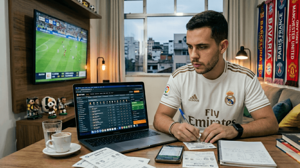 Homem com camisa do Real Madrid fazendo anotações técnicas em um setup de trade esportivo, com notebook aberto em site de apostas e smartphone ao lado.