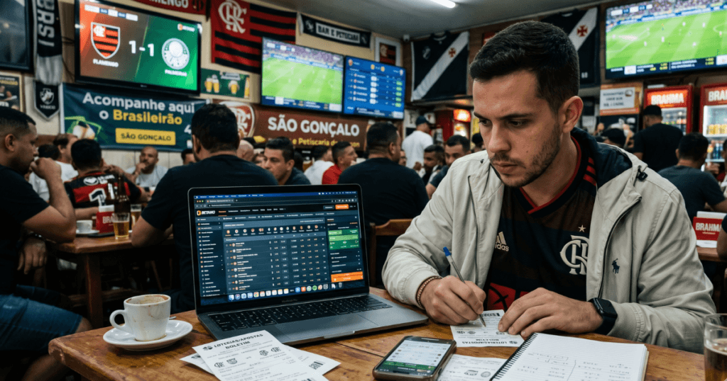 Investidor de trade esportivo trabalhando em ambiente público com notebook, analisando mercados e fazendo anotações técnicas sobre futebol.