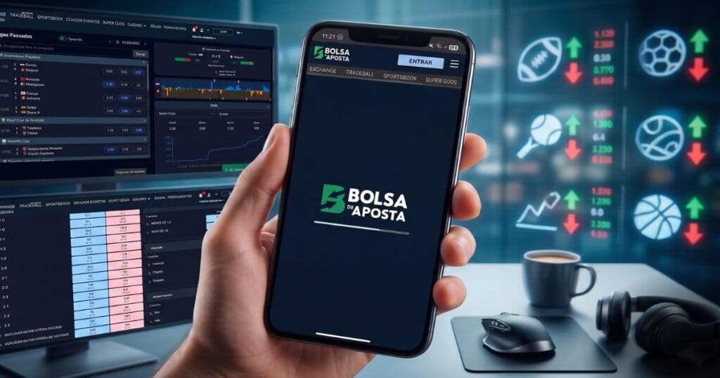 Smartphone e Computador do trader logados na conta do Bolsa de Aposta.
