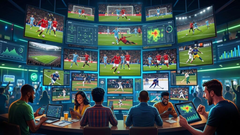 Multi telas futuristas de streaming para apostas esportivas sem delay.