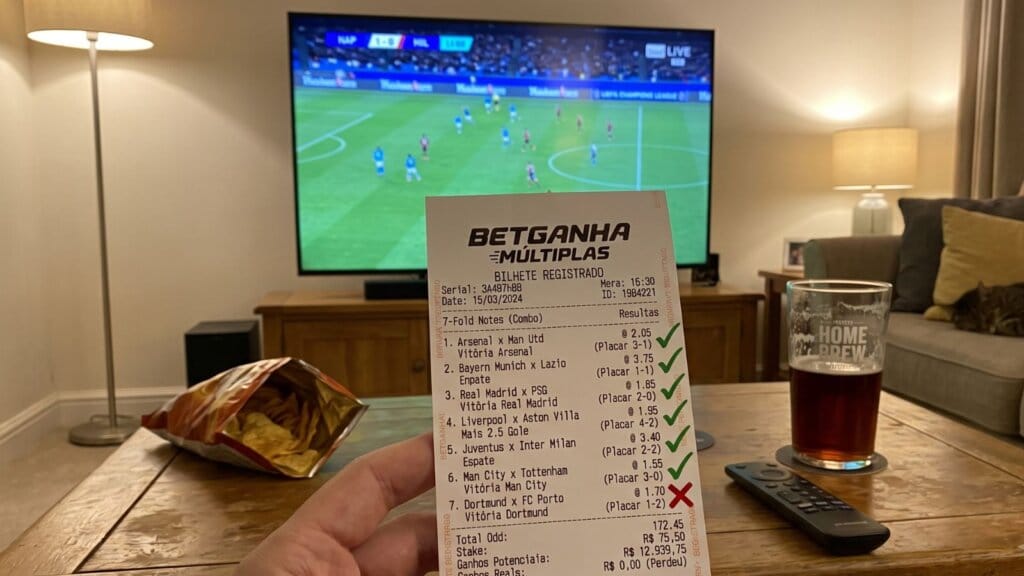 Apostas Múltiplas, Triplas e Duplas: A Realidade Matemática e Como Lidar com o Risco 1 Bilhete de apostas múltiplas em futebol que deu red por um jogo.