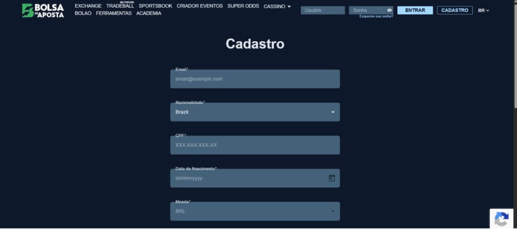 Passo a Passo: Como Criar Sua Conta no Bolsa de Aposta e Operar como Trader 2 Bolsa de Aposta tela de cadastro.