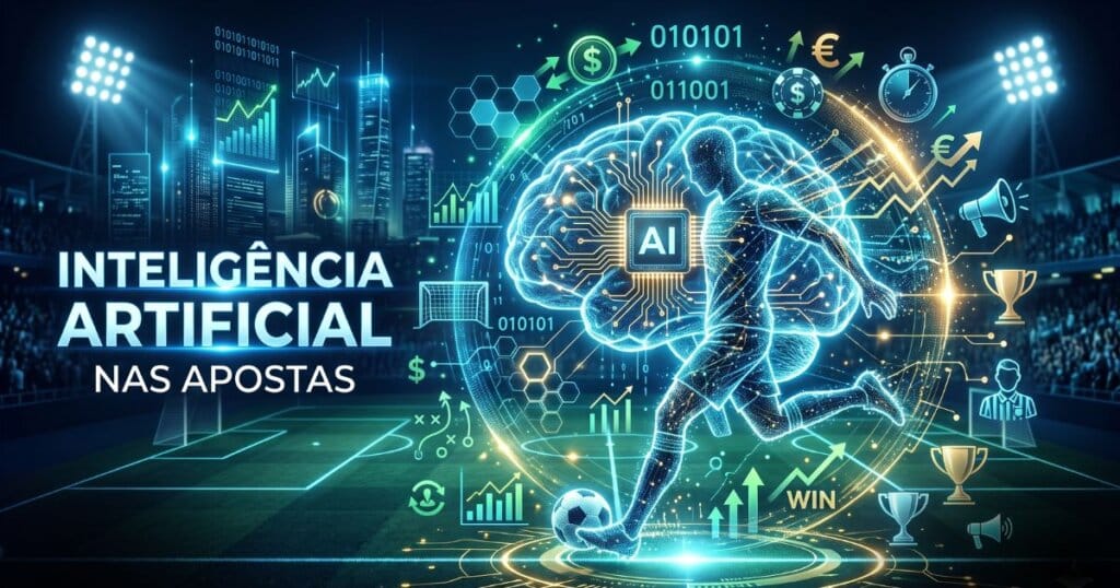 Imagem tecnológica com elementos de apostas, futebol e IA com texto inteligência artificial nas apostas.