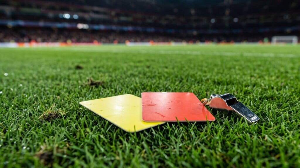 Mercado de Cartões nas Apostas: Como Explorar Esse Mercado da Forma Correta 1 Cartão amarelo, cartão vermelho e apito do arbitro de futebol no mercado de cartões nas apostas esportivas.