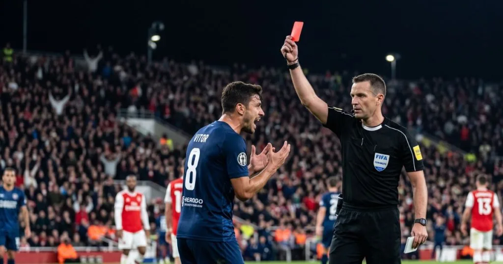 Arbitro dando cartão vermelho para jogador de futebol no mercado de cartões nas apostas esportivas.