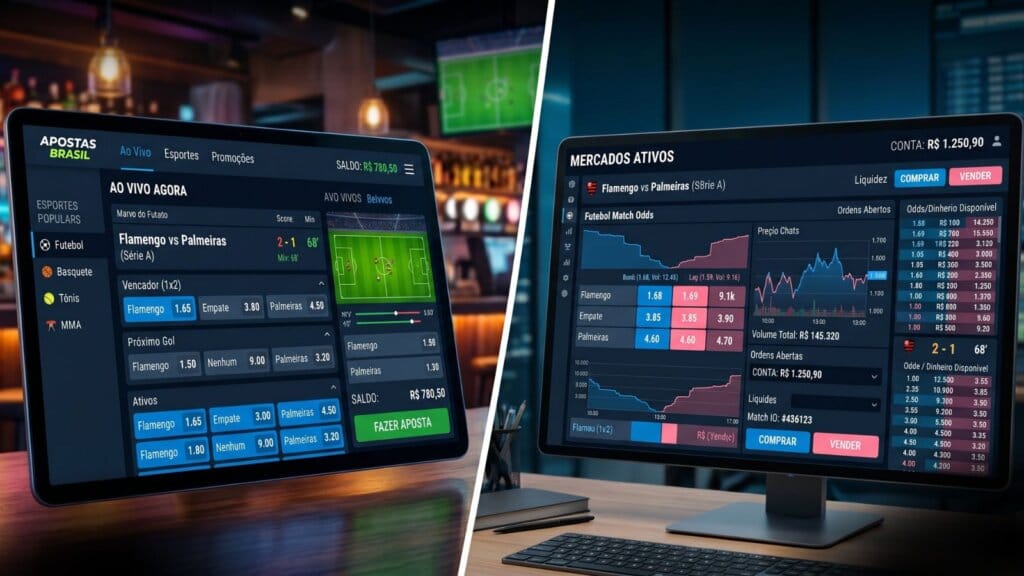 Trader ou Punter: Qual a Diferença Real Entre os Dois Perfis? 1 Telas de apostas trader ou punter divididas como formas de representar o trabalho diferente de cada.