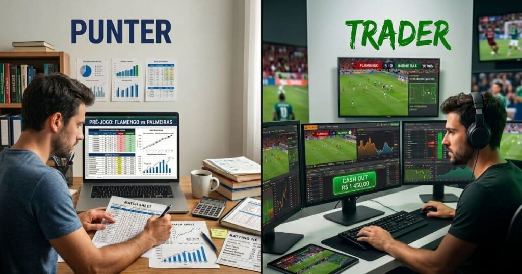 Personagens Trader ou Punter em tela dividida cada um com suas diferenças.