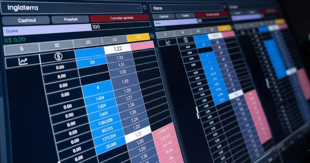 Interface escura de software para trade esportivo.