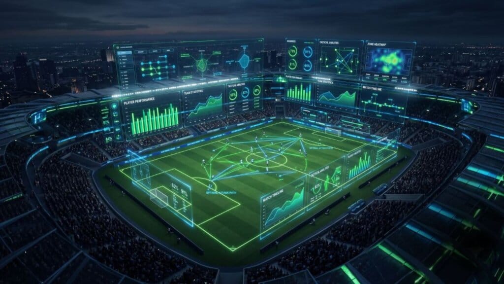 Simulação de Gráfico Dinâmico no Estádio para Análise de Jogo ao Vivo.