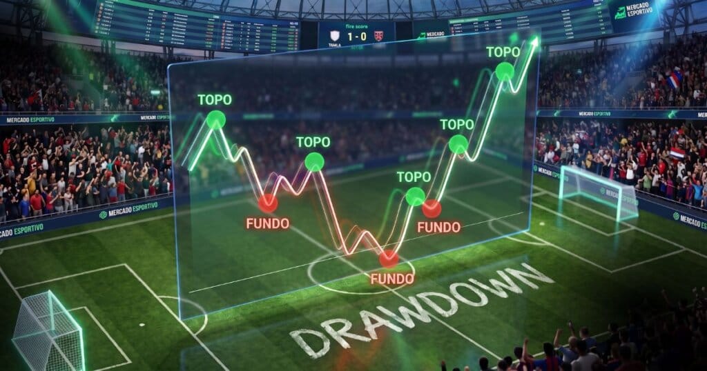 Drawdown nas Apostas destacado em gráfico e campo de futebol.