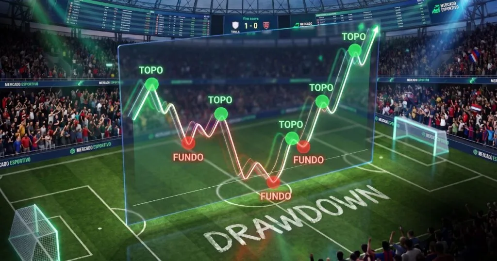 Drawdown nas Apostas destacado em gráfico e campo de futebol.