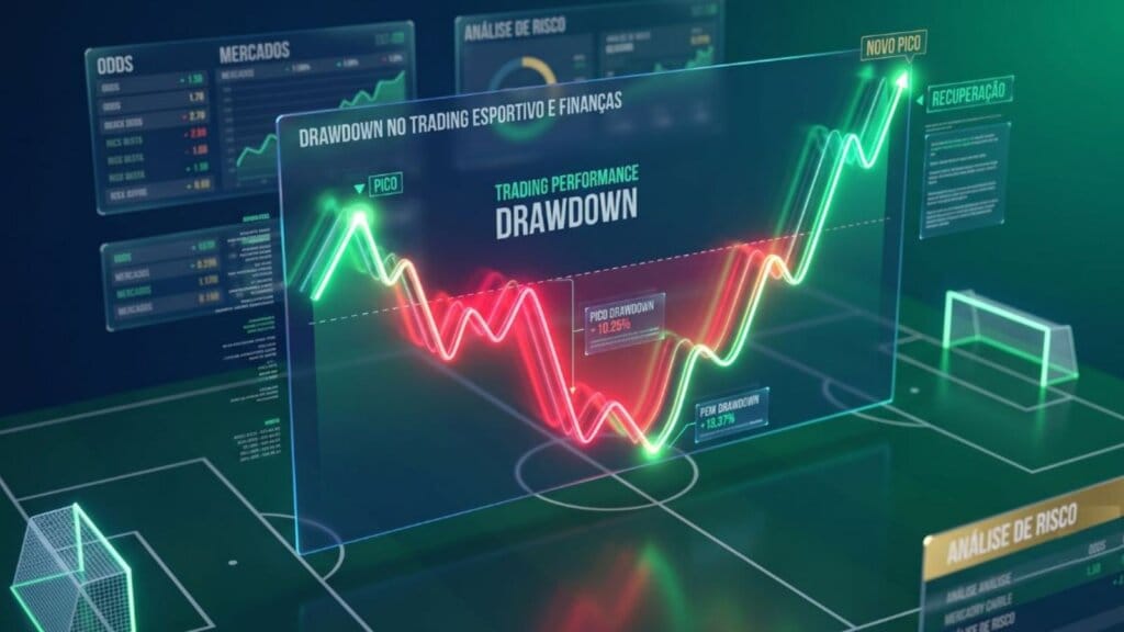 O que é Drawdown nas Apostas Esportivas e Como Calcular na Prática 1 Infográfico representando Drawdown nas Apostas destacado em gráfico e campo de futebol.