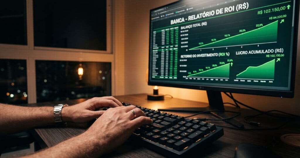 Apostador ao registrar suas apostas esportivas em frente ao computador.