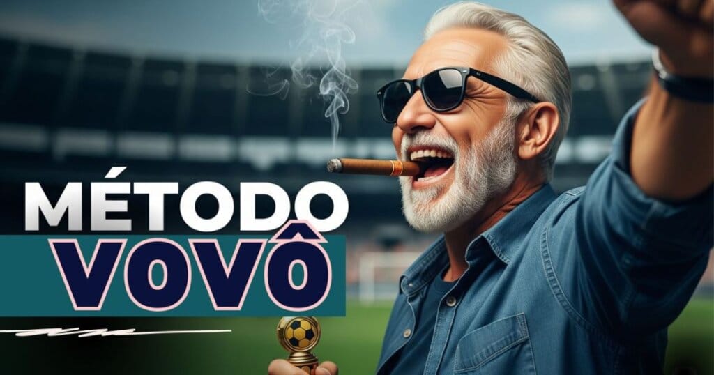 Método Vovô Trade Esportivo. Um vovô garotão no campo de futebol lucrando com o método.