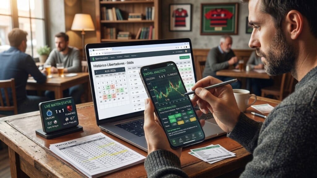 Como e Onde Ver Odds de Jogos Passados (E Validar Seus Métodos) 1 Trader esportivo analisando odds de jogos passados no computador e celular.