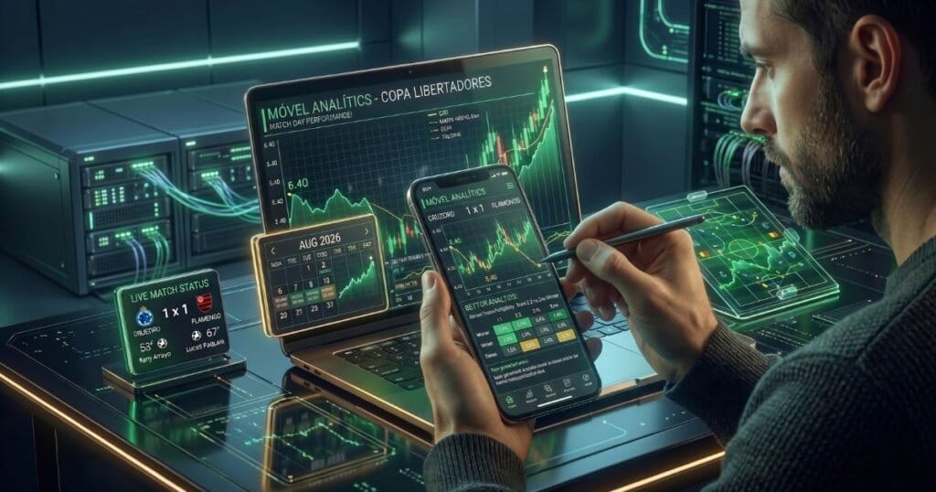 Apostador tecnológico analisando odds de jogos passados no computador e celular.