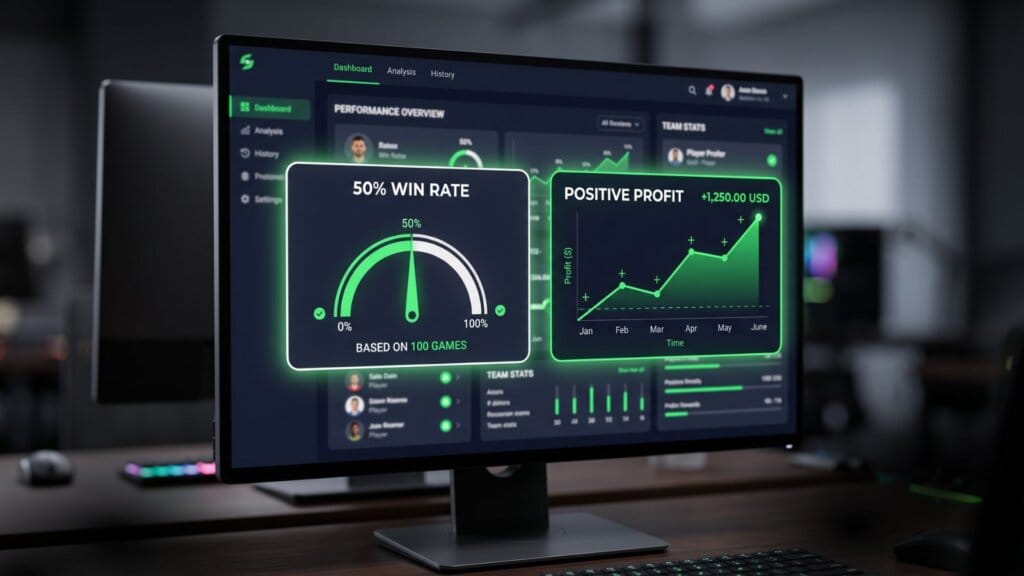 Painel com taxa de acerto winrate nas apostas esportivas.