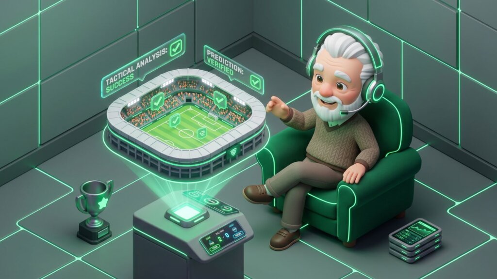 Método Vovô Trade Esportivo. Um vovô sentado, analisando e lucrando com o método.