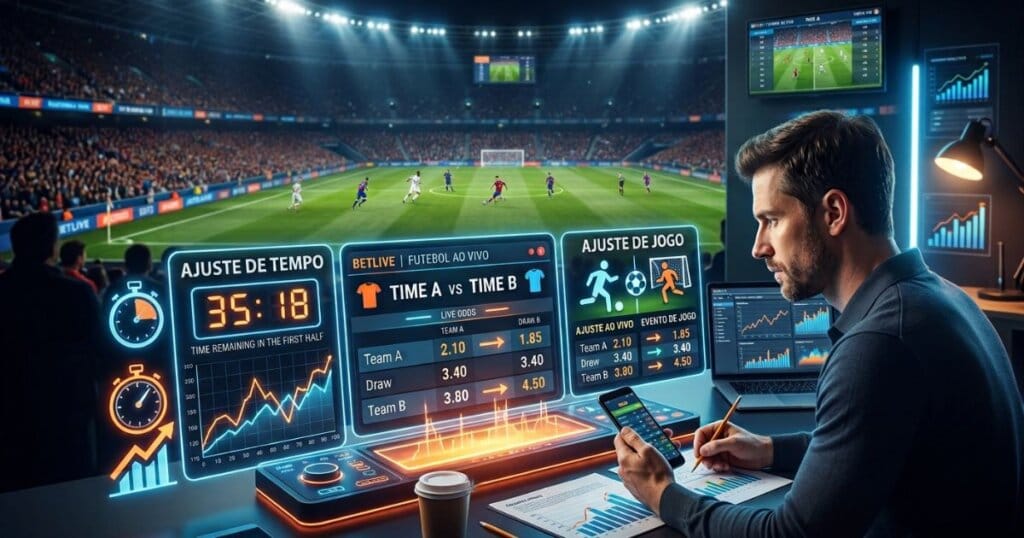Ajuste de Tempo e Ajuste de Jogo: Como Ler o Movimento das Odds 3 Apostador analisando o ajuste de tempo e ajuste de jogo para as odds no mercado esportivo.