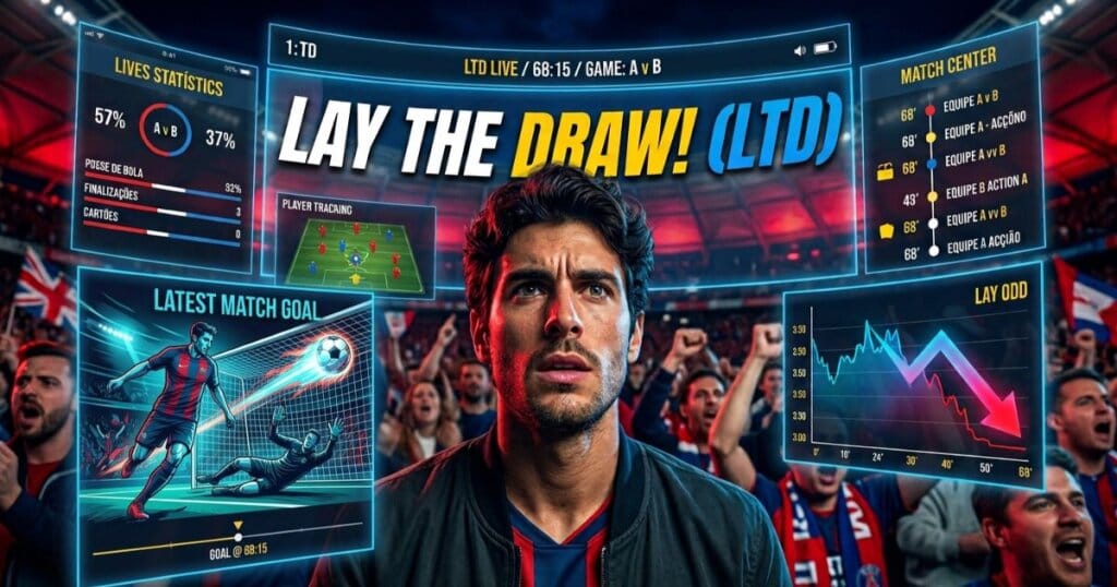 Apostador durante o jogo analisando Como Operar Lay the Draw Hoje em Futebol.