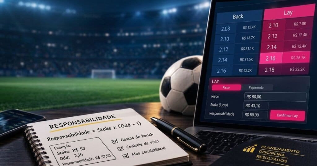 Tela e caderno destacando a responsabilidade no lay no trading esportivo.