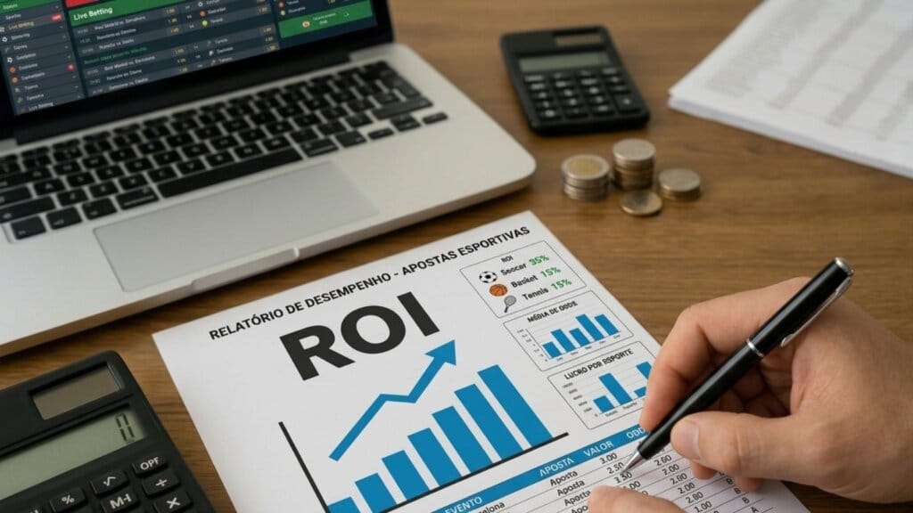 ROI nas Apostas Esportivas: Como Calcular e Medir Sua Consistência 1 Apostador calculando o seu ROI nas apostas esportivas com foco na consistência.