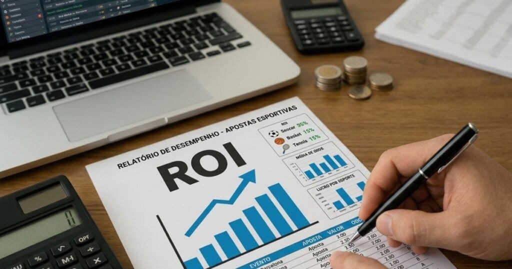 ROI nas Apostas Esportivas: Como Calcular e Medir Sua Consistência 3 Apostador calculando o seu ROI nas apostas esportivas com anotações e notebook.